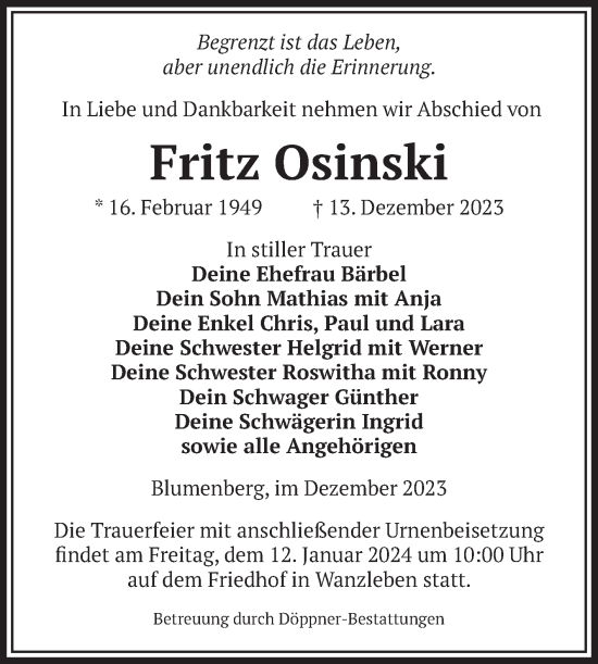 Traueranzeige von Fritz Osinski von Volksstimme Oschersleben/Wanzleben