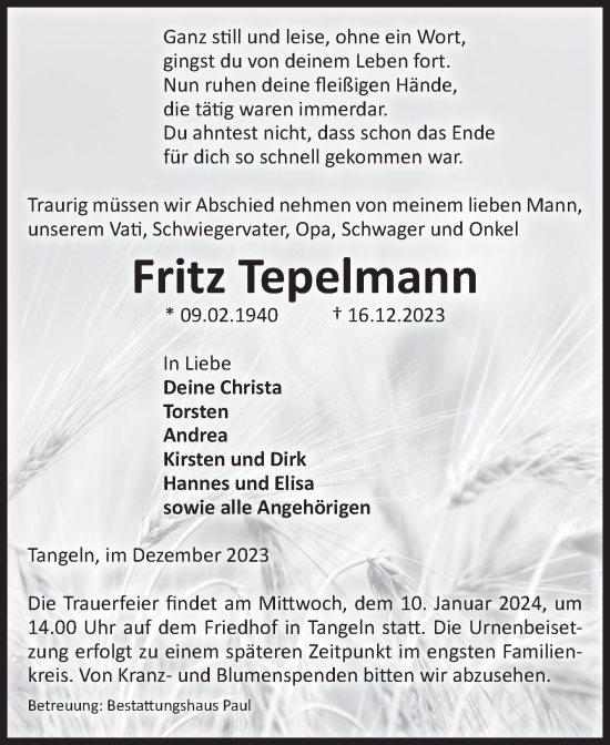 Traueranzeige von Fritz Tepelmann von Volksstimme Altmark West