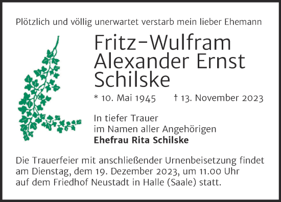 Traueranzeige von Fritz-Wulfram Alexander Ernst Schilske von Mitteldeutsche Zeitung Halle/Saalkreis