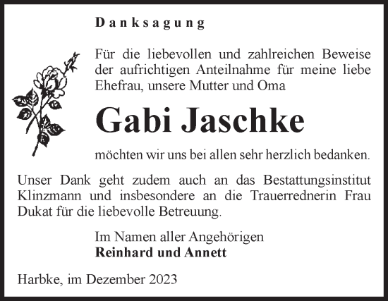 Traueranzeige von Gabi Jaschke von Volksstimme Oschersleben/Wanzleben