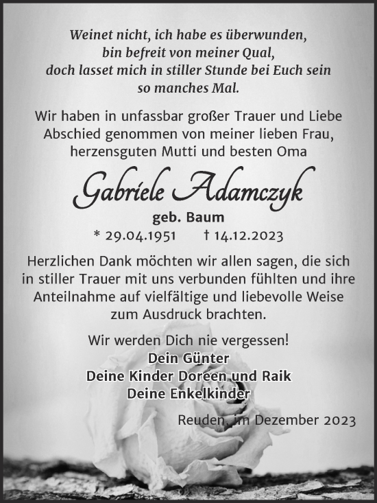 Traueranzeige von Gabriele Adamczyk von Trauerkombi Wittenberg