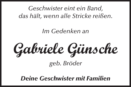 Traueranzeige von Gabriele Günsche von Volksstimme Wernigerode