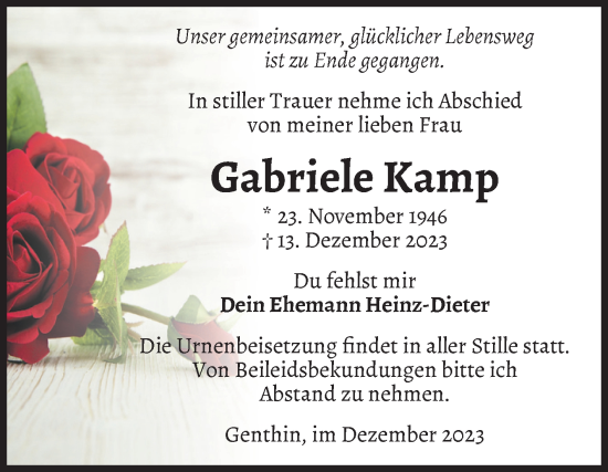 Traueranzeige von Gabriele Kamp von Volksstimme Burg/Genthin
