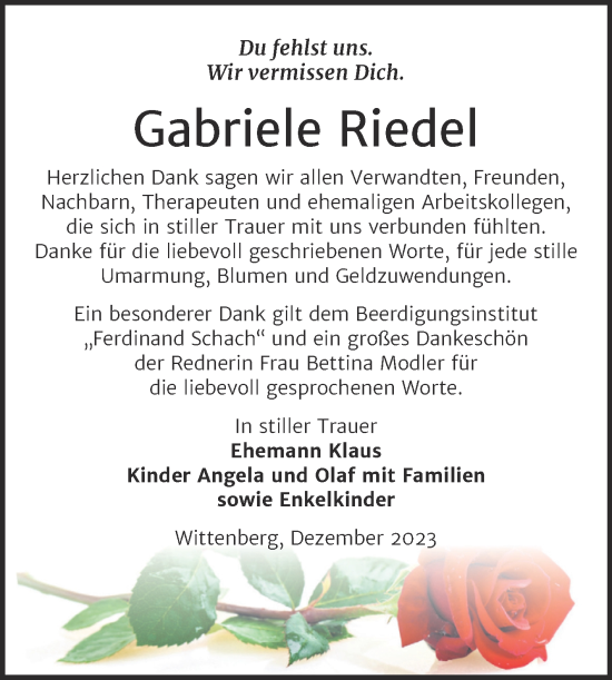Traueranzeige von Gabriele Riedel von Trauerkombi Wittenberg