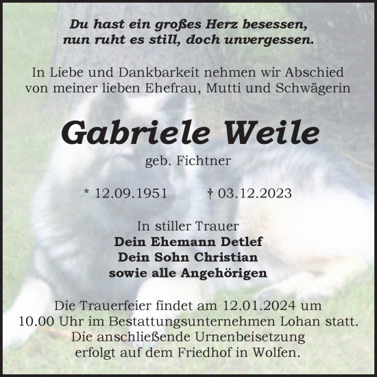 Traueranzeige von Gabriele Weile von Trauerkombi Bitterfeld
