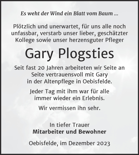 Traueranzeige von Gary Plogsties von Volksstimme Altmark West