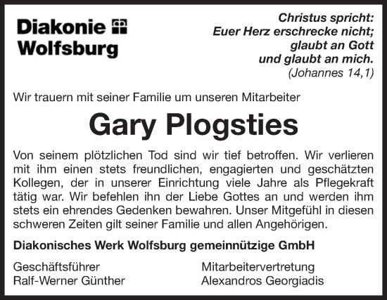 Traueranzeige von Gary Plogsties von Volksstimme Altmark West