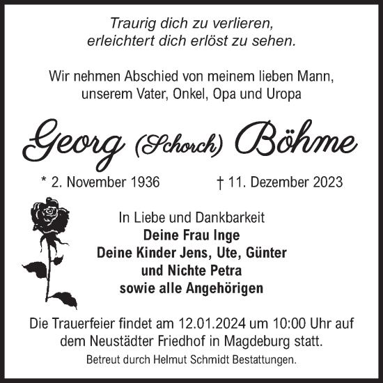 Traueranzeige von Georg Böhme von Volksstimme Magdeburg