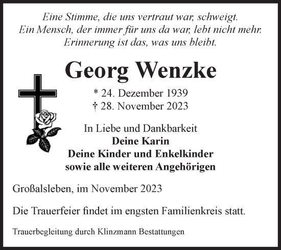 Traueranzeige von Georg Wenzke von Volksstimme Oschersleben/Wanzleben