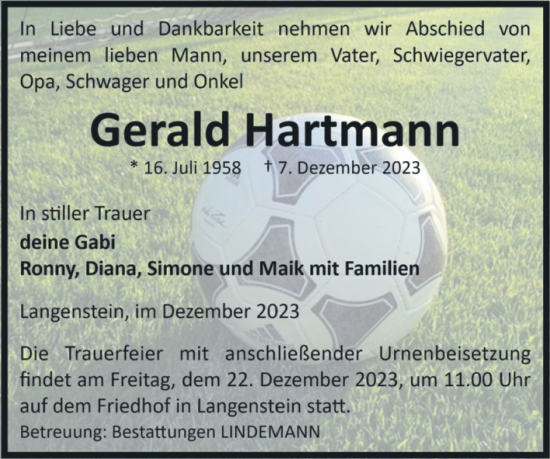 Traueranzeige von Gerald Hartmann von Volksstimme Halberstadt