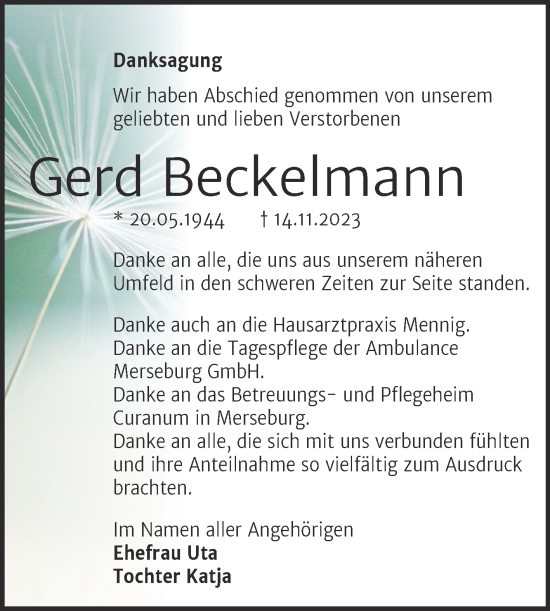Traueranzeige von Gerd Beckelmann von Trauerkombi Merseburg