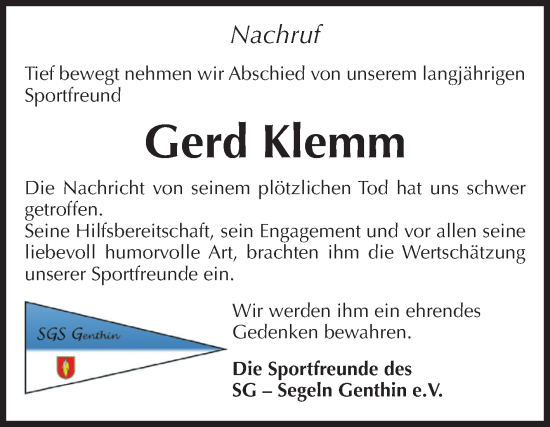 Traueranzeige von Gerd Klemm von Volksstimme Burg/Genthin