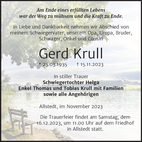 Traueranzeige von Gerd Krull von Trauerkombi Sangerhausen