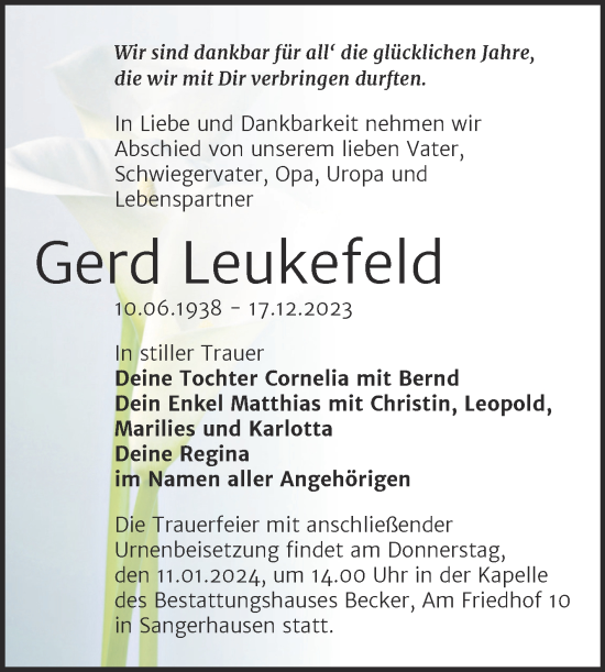 Traueranzeige von Gerd Leukefeld von Trauerkombi Sangerhausen