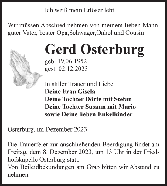 Traueranzeige von Gerd Osterburg von Volksstimme Altmark Ost