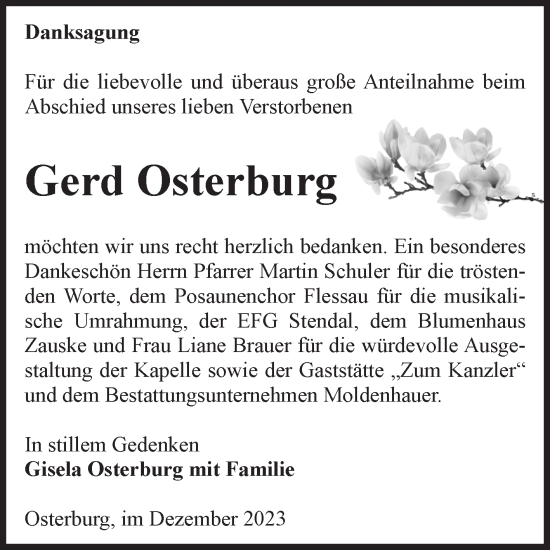 Traueranzeige von Gerd Osterburg von Volksstimme Altmark Ost