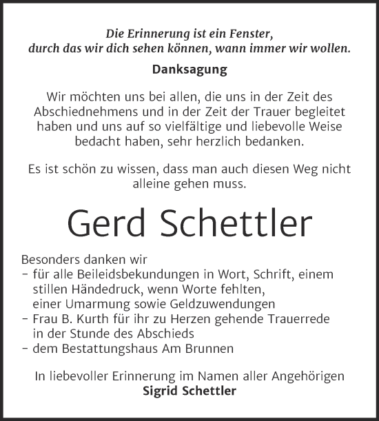 Traueranzeige von Gerd Schettler von Trauerkombi Mansfelder Land