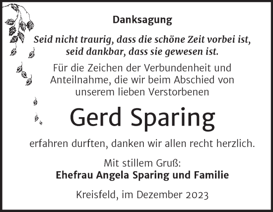 Traueranzeige von Gerd Sparing von Trauerkombi Mansfelder Land