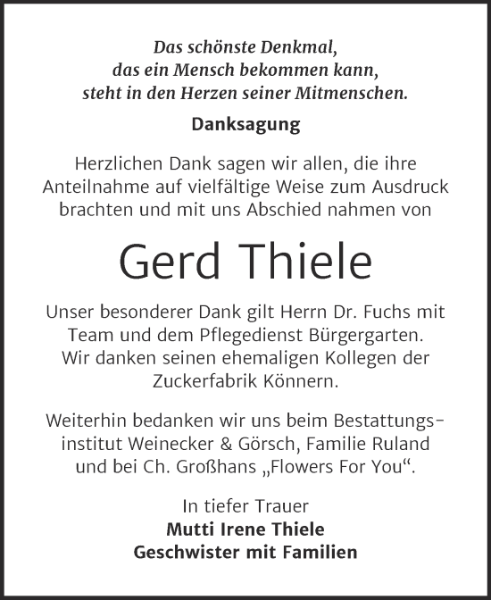 Traueranzeige von Gerd Thiele von Trauerkombi Bernburg