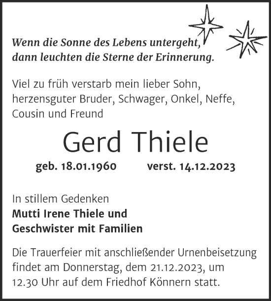 Traueranzeige von Gerd Thiele von Mitteldeutsche Zeitung Bernburg