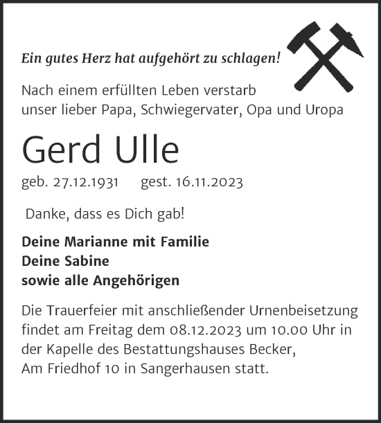 Traueranzeige von Gerd Ulle von Trauerkombi Sangerhausen