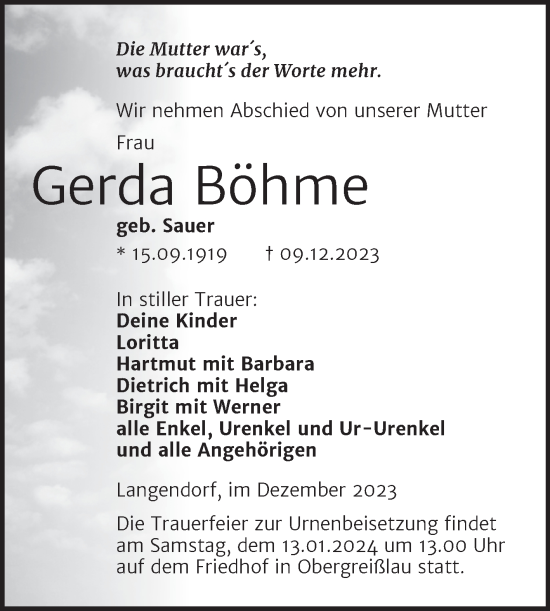 Traueranzeige von Gerda Böhme von Trauerkombi Weißenfels