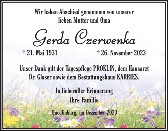 Traueranzeigen von Gerda Czerwenka www.abschiednehmen.de