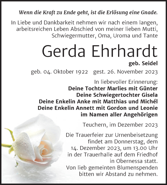 Traueranzeige von Gerda Ehrhardt von Trauerkombi Weißenfels