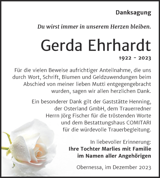 Traueranzeige von Gerda Ehrhardt von Trauerkombi Weißenfels