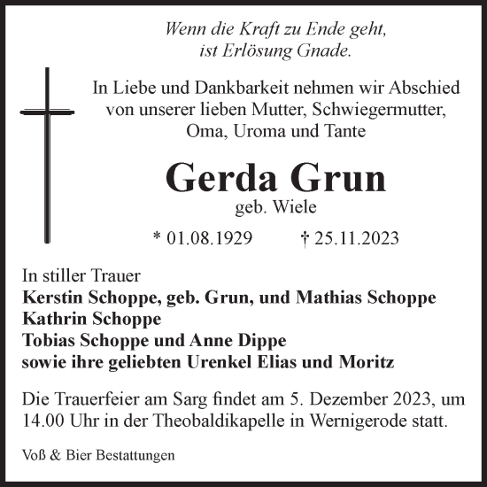 Traueranzeige von Gerda Grun von Volksstimme Wernigerode