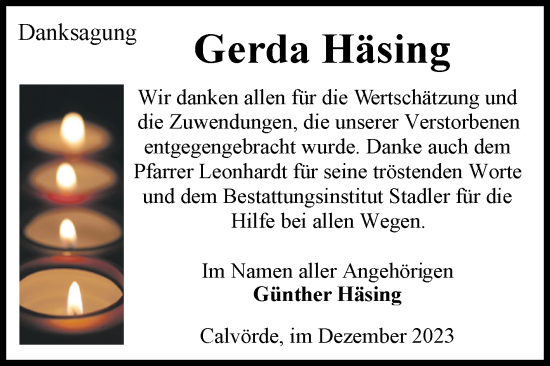 Traueranzeige von Gerda Häsing von Volksstimme Haldensleben/Wolmirstedt
