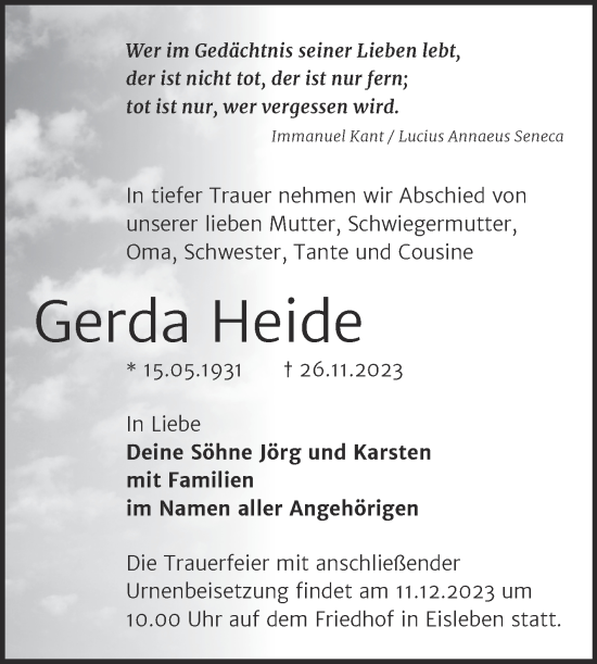 Traueranzeige von Gerda Heide von Trauerkombi Mansfelder Land