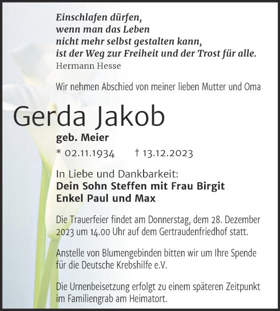 Traueranzeige von Gerda Jakob von Mitteldeutsche Zeitung Halle/Saalkreis