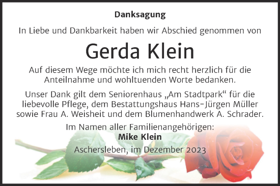 Traueranzeige von Gerda Klein von Trauerkombi Aschersleben
