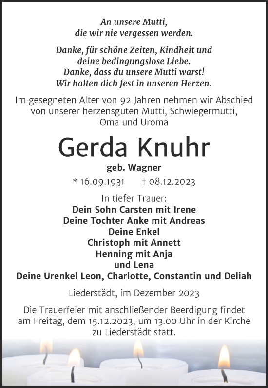 Traueranzeige von Gerda Knuhr von Mitteldeutsche Zeitung Merseburg/Querfurt