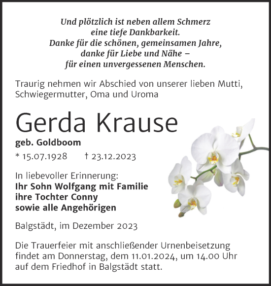Traueranzeige von Gerda Krause von Naumburger Tageblatt
