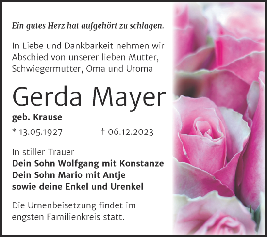 Traueranzeige von Gerda Mayer von Trauerkombi Bitterfeld