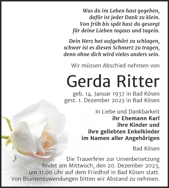 Traueranzeige von Gerda Ritter von Wochenspiegel Naumburg/Nebra