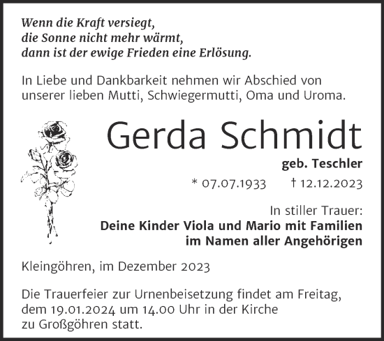 Traueranzeige von Gerda Schmidt von Trauerkombi Weißenfels
