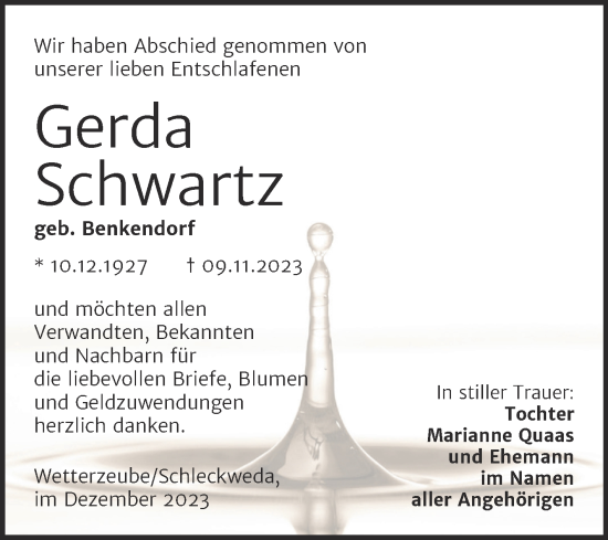 Traueranzeige von Gerda Schwartz von Trauerkombi Zeitz