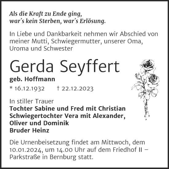 Traueranzeige von Gerda Seyffert von Trauerkombi Bernburg