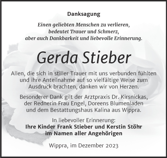 Traueranzeige von Gerda Stieber von Mitteldeutsche Zeitung Mansfelder Land