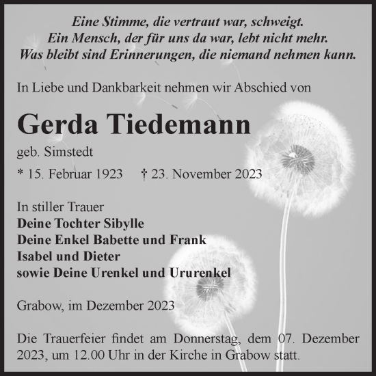 Traueranzeige von Gerda Tiedemann von Volksstimme Burg/Genthin
