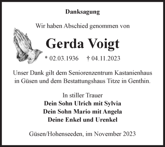 Traueranzeige von Gerda Voigt von Volksstimme Burg/Genthin