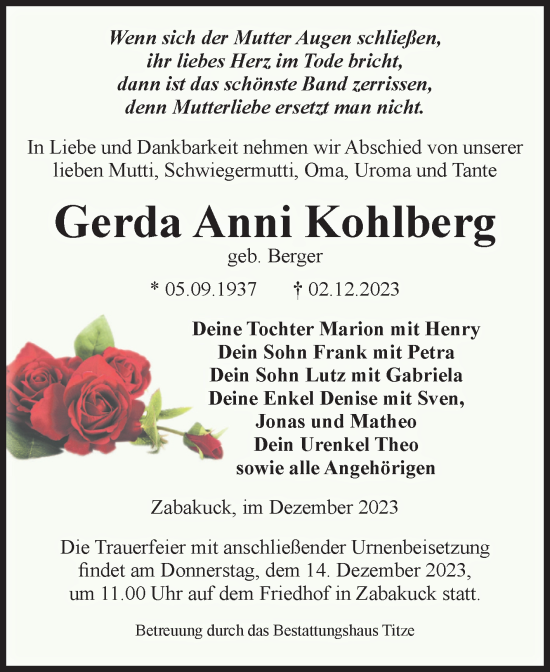 Traueranzeige von Gerda Anni Kohlberg von Volksstimme Burg/Genthin