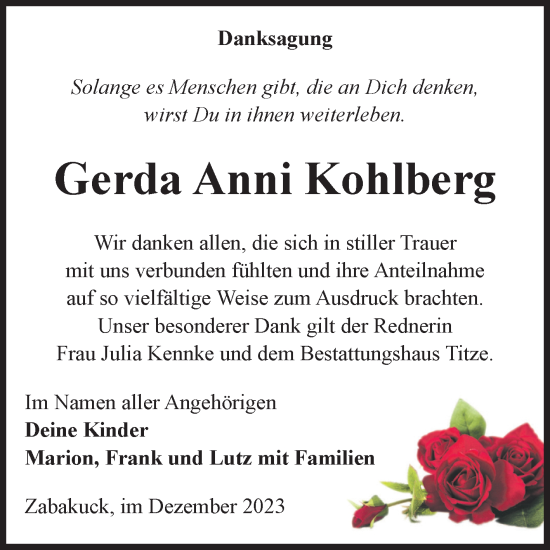 Traueranzeige von Gerda Anni Kohlberg von Volksstimme Burg/Genthin