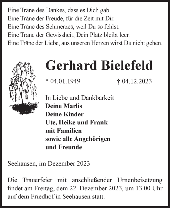 Traueranzeige von Gerhard Bielefeld von Volksstimme Altmark Ost