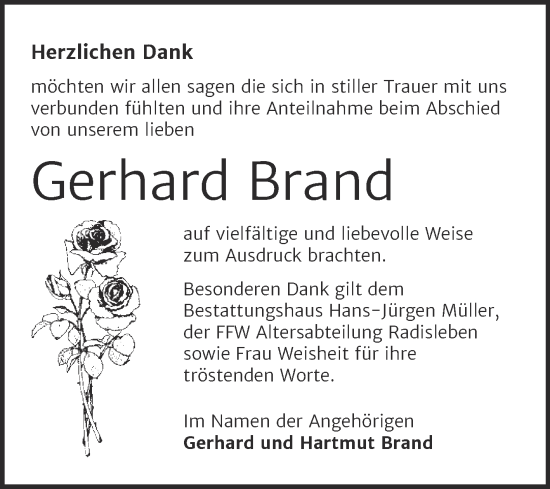Traueranzeige von Gerhard Brand von Trauerkombi Aschersleben