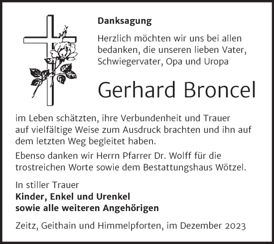 Traueranzeige von Gerhard Broncel von Trauerkombi Zeitz