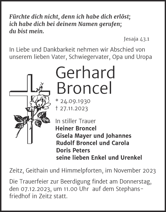 Traueranzeige von Gerhard Broncel von Trauerkombi Zeitz